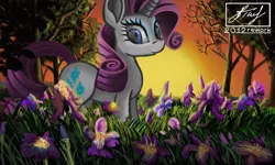 Size: 854x512 | Tagged: safe, alternate version, artist:dreamyskies, derpibooru import, rarity, pony, unicorn, cutie mark, detailed, detailed background, evening, eyelashes, female, flower, heart eyes, image, looking at you, makeup, mare, png, redraw, remake, rework, smiling at you, solo, standing, sunset, tree, wingding eyes