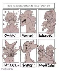Size: 754x900 | Tagged: safe, artist:bubucoy, derpibooru import, tempest shadow, butterfly, chipmunk, deer, human, insect, pony, unicorn, six fanarts, bambi, broken horn, bust, chip and dale rescue rangers, clothes, crossover, female, gintama, horn, image, jpeg, konosuba, male, mare, sakata gintoki