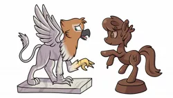 Size: 1683x946 | Tagged: safe, artist:transformartive, derpibooru import, oc, oc:arvid, oc:chocolate pony, unofficial characters only, gryphon, pony, chocolate, food, image, inanimate tf, jpeg, petrification, statue, stone, transformation