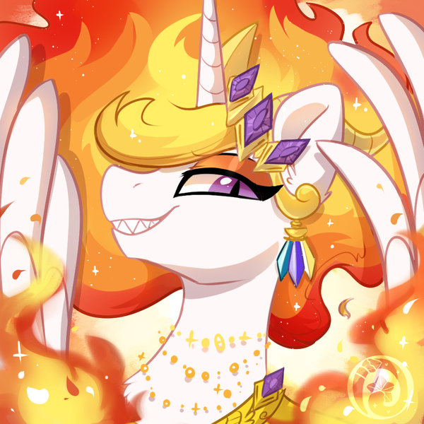 Size: 1000x1000 | Tagged: safe, artist:colorfulcolor233, derpibooru import, nightmare star, bust, chest fluff, crown, ear fluff, ear piercing, earring, fangs, fire, image, jewelry, jpeg, looking at you, mane of fire, piercing, portrait, profile, regalia, slit pupils, smiling, solo, spread wings, wings