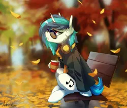 Size: 1692x1440 | Tagged: safe, artist:anticular, derpibooru import, vinyl scratch, pony, unicorn, autumn, bench, blurred background, clothes, coffee, coffee cup, cup, female, glasses, headphones, horn, image, jacket, jpeg, leaves, lidded eyes, park bench, red eyes, scenery, scenery porn, sitting, solo