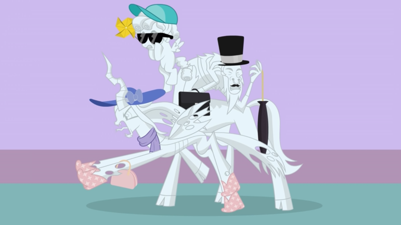 Size: 1366x768 | Tagged: safe, artist:forgalorga, derpibooru import, cozy glow, lord tirek, queen chrysalis, centaur, changeling, changeling queen, pegasus, pony, the ending of the end, baseball cap, boots, cap, clothes, fashion, female, filly, hat, image, pinwheel (toy), png, purse, scarf, shoes, sun hat, sunglasses, top hat, trio, two retired princesses, umbrella
