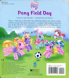 Size: 1280x1438 | Tagged: safe, artist:heckyeahponyscans, artist:lyn fletcher, derpibooru import, official, cupcake (g3), daisyjo, minty, sunny daze (g3), sweet breeze, pony, back cover, bar code, book, clothes, decoration, description, determined, g3, greener than green meadow, hasbro logo, headband, heart, image, jpeg, kick, leaping, mini flags, official book, overgrown, playing, pole, polo shirt, pony field day, ponytail, reader's digest, running, scrunchie, soccer ball (object), soccer field, sports, sports outfit, stripes, t-shirts, visor
