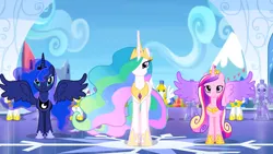 Size: 1920x1080 | Tagged: safe, derpibooru import, screencap, princess cadance, princess celestia, princess luna, alicorn, pegasus, pony, twilight's kingdom, alicorn triarchy, armor, beautiful, chestplate, colored wings, crown, crystal empire, crystal guard, crystal guard armor, ethereal mane, ethereal tail, female, flowing mane, flowing tail, hoof shoes, image, jewelry, lidded eyes, looking at you, male, mare, multicolored mane, multicolored tail, multicolored wings, peytral, png, regalia, royal guard, smiling, spread wings, stallion, tiara, trio focus, wings