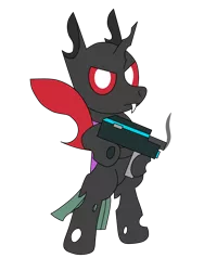 Size: 3072x4096 | Tagged: safe, artist:theunidentifiedchangeling, derpibooru import, oc, oc:[unidentified], unofficial characters only, changeling, angry, bipedal, digital art, gun, horn, image, looking at you, male, png, red eyes, simple background, solo, transparent background, weapon, wings