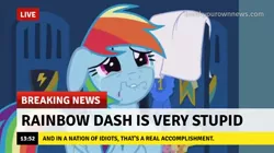 Size: 717x402 | Tagged: safe, derpibooru import, edit, edited screencap, screencap, rainbow dash, parental glideance, abuse, breaking news, break your own news, crying, dashabuse, go to sleep wind rider, image, jpeg, op is a duck, op is trying to start shit, op is wrong, sad, stupid, trying too hard
