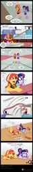Size: 900x4554 | Tagged: safe, artist:niban-destikim, derpibooru import, sci-twi, sunset shimmer, twilight sparkle, comic:the shrinking project, equestria girls, airborne, barefoot, book, comic, comic strip, commission, dialogue, feet, image, jpeg, landing, looking up, micro, rubber band, screaming, table, thumb tacks, word balloon