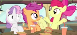 Size: 455x209 | Tagged: safe, derpibooru import, screencap, apple bloom, scootaloo, sweetie belle, earth pony, pegasus, pony, unicorn, twilight time, background pony, bipedal, burger, cutie mark crusaders, drink, female, filly, food, french fries, hay burger, image, looking at each other, png, shocked, shocked expression