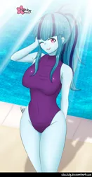 Size: 538x1024 | Tagged: safe, alternate version, artist:clouddg, derpibooru import, edit, editor:thomasfan45, sonata dusk, human, equestria girls, arm behind back, arm behind head, belly button, breasts, busty sonata dusk, clothes, crepuscular rays, cute, eyeshadow, image, jpeg, legs, legs together, makeup, one eye closed, one-piece swimsuit, ponytail, sexy, signature, solo, sonatabetes, sunlight, swimming pool, swimsuit, thighs, water, wink