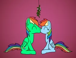 Size: 1280x987 | Tagged: safe, artist:platinumdrop, derpibooru import, rainbow dash, oc, oc:oliver, pegasus, pony, canon x oc, female, gradient background, image, jpeg, kissing, male, mare, mistletoe, olidash, request, shipping, simple background, stallion, straight