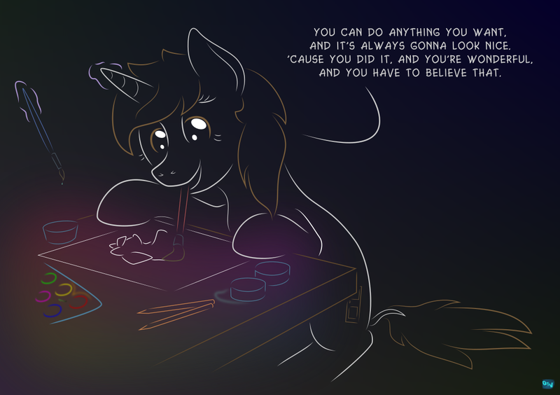 Size: 1134x799 | Tagged: safe, artist:quint-t-w, derpibooru import, oc, oc:dorm pony, unofficial characters only, pony, unicorn, advice, bob ross, gradient background, horn, image, magic, minimalist, modern art, motivational, paintbrush, painting, pencil, png, positive ponies, quote, simple background, solo, table, talking, traditional art, unicorn oc, watercolor painting