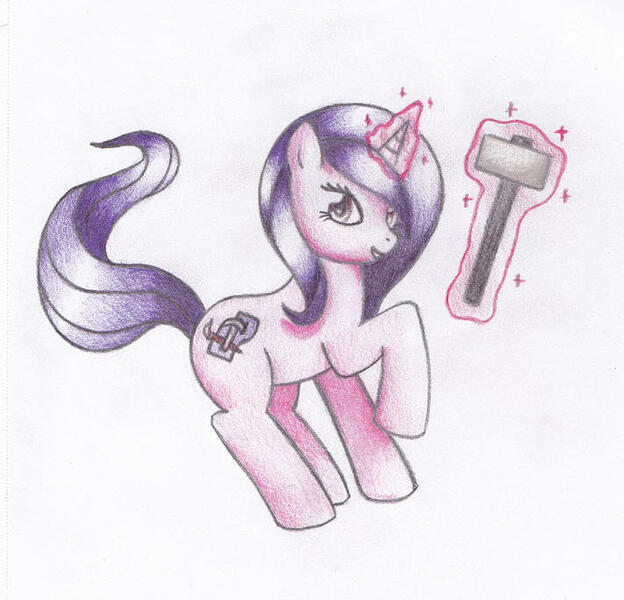 Size: 711x684 | Tagged: safe, artist:miyukikyki, derpibooru import, oc, unofficial characters only, pony, unicorn, colored pencil drawing, hammer, image, jpeg, magic, ponysona, simple background, solo, telekinesis, traditional art, white background