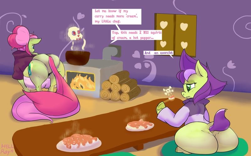 Size: 3858x2400 | Tagged: questionable, artist:hell ray, derpibooru import, oc, oc:saggitha slap, oc:zippy doo, unofficial characters only, earth pony, pony, big crotchboobs, bowl, bra, butt, clothes, cooking, crotchboobs, crotchbra, curry, cushion, dialogue, duo, female, fire, firewood, food, haunted, hoof hold, huge crotchboobs, image, impossibly large crotchboobs, lactation, large butt, lidded eyes, male, mare, milk, nervous, nudity, plate, plot, png, shirt, sitting, skull and crossbones, spoon, stallion, steam, table, underwear, wavy mouth