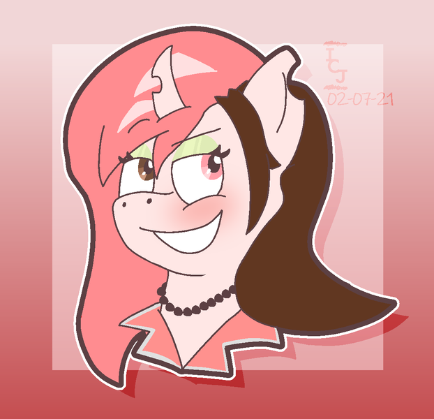 Size: 1112x1072 | Tagged: safe, artist:icecreamjaxxie, derpibooru import, ponified, changeling, pony, unicorn, blushing, bust, changelingified, crossover, dreamworks face, female, heterochromia, image, jewelry, mare, necklace, neopolitan, pink changeling, png, rwby, smiling, smug, solo, species swap