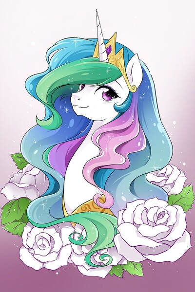 Size: 1000x1500 | Tagged: safe, artist:nekoshiei, derpibooru import, seven seas, princess celestia, alicorn, pony, my little pony: the manga, spoiler:manga3, beautiful, bust, crown, cute, cutelestia, ethereal mane, female, flower, flowing mane, g4, gradient background, image, jewelry, jpeg, mare, multicolored mane, my little pony: the manga volume 3, portrait, purple eyes, regalia, rose, smiling, solo