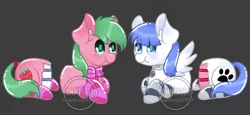 Size: 1657x765 | Tagged: safe, artist:thanhvy15599, derpibooru import, oc, oc:pine berry, oc:snow pup, unofficial characters only, earth pony, pegasus, pony, bisection, blue eyes, cake, chibi, clothes, collar, commission, earth pony oc, everything is cake, food, gray background, green eyes, half, image, modular, obtrusive watermark, pegasus oc, png, scarf, simple background, socks, striped socks, watermark, wings, ych sketch, your character here