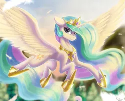 Size: 1480x1200 | Tagged: safe, artist:evedizzy26, derpibooru import, princess celestia, alicorn, pony, beautiful, blurred background, crown, ear fluff, female, flying, image, jewelry, looking at you, mare, png, regalia, solo, spread wings, sunshine, wings