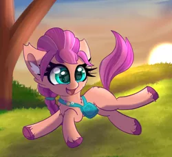 Size: 4754x4360 | Tagged: safe, artist:windykirin, derpibooru import, sunny starscout, earth pony, pony, absurd resolution, bag, braid, chest fluff, cute, ear fluff, female, g5, grass, head turned, image, open mouth, outdoors, pins, png, prancing, running, shoulder bag, smiling, solo, sunnybetes, sunset, three quarter view, tree