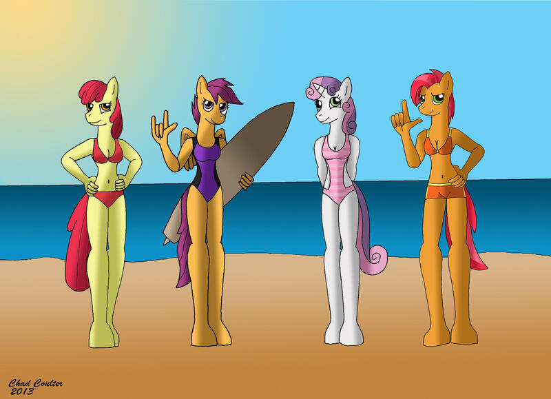 Size: 2877x2084 | Tagged: safe, artist:baroquewolfe, derpibooru import, apple bloom, babs seed, scootaloo, sweetie belle, anthro, unguligrade anthro, beach, belly button, bikini, breasts, cleavage, clothes, cutie mark crusaders, hand on hip, horn, image, jpeg, looking at you, midriff, monokini, ocean, older, older apple bloom, older babs seed, older cmc, older scootaloo, older sweetie belle, one-piece swimsuit, shorts, sky, sun, surfboard, swimsuit