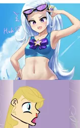 Size: 798x1272 | Tagged: suggestive, alternate version, artist:chigusa, derpibooru import, edit, prince blueblood, trixie, human, anime, armpits, assisted exposure, beach shorts swimsuit, belly button, bikini, blood, bluetrix, blushing, breasts, clothes, cropped, dialogue, female, hand on hip, humanized, image, male, midriff, nosebleed, open mouth, partial nudity, png, sarong, shipping, shipping domino, skirt pulled down, straight, sunglasses, surprised, swimsuit, trixie's beach shorts swimsuit