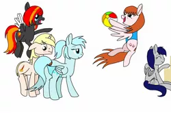 Size: 2176x1440 | Tagged: safe, artist:windy breeze, derpibooru import, oc, oc:flamerunner, oc:ire heaven, oc:stormlight, oc:windy breeze, oc:writer rhyme, unofficial characters only, pegasus, pony, unicorn, aroused, beach ball, bedroom eyes, blood, blushing, clothes, derpibooru exclusive, female, flying, image, jpeg, male, mare, nosebleed, panties, pervert, pointing, ponytail, sandcastle, simple background, stallion, striped panties, striped underwear, swimsuit, tail, tail wrap, underwear, white background