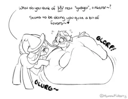 Size: 2289x1779 | Tagged: suggestive, artist:mulberrytarthorse, derpibooru import, oc, oc:gizmo gears, oc:salem cuisine, unofficial characters only, pony, unicorn, bandana, belly, belly bed, belly inflation, big belly, black and white, blushing, chubby cheeks, dialogue, duo, fat, female, females only, force feeding, glasses, grayscale, hat, hoof on belly, huge belly, image, impossibly large belly, inflation, leonine tail, lineart, monochrome, plewds, png, signature, simple background, squishy, stomach noise, stuffed belly, stuffing, weight gain, witch, witch hat