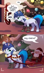 Size: 1800x3000 | Tagged: safe, artist:28gooddays, derpibooru import, oc, oc:shifting gear, unofficial characters only, human, pony, unicorn, animal costume, antlers, bells, camera shot, christmas, christmas tree, clothes, commission, costume, deer costume, gilligan cut, holiday, image, png, reindeer antlers, reindeer costume, santa claus, sleigh, socks, striped socks, tree, unamused, ych result