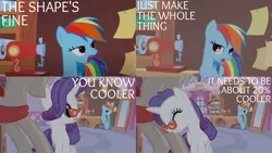 Size: 1986x1117 | Tagged: safe, derpibooru import, edit, edited screencap, editor:quoterific, screencap, rainbow dash, rarity, pegasus, pony, unicorn, canterlot boutique, suited for success, 20% cooler, duo, duo female, eyes closed, female, glasses, image, mirror, open mouth, png, sewing machine, solo, teeth