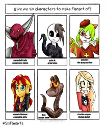 Size: 1440x1712 | Tagged: safe, artist:jerrydestrtoyer, derpibooru import, sunset shimmer, snake, six fanarts, equestria girls, bone, bust, charlie magne, clothes, crossover, female, grim tales, hazbin hotel, image, jpeg, kaa, male, skeleton, the gray garden, the jungle book, the seven deadly sins