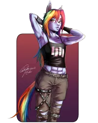 Size: 1200x1500 | Tagged: safe, artist:bakuhaku, derpibooru import, rainbow dash, anthro, abs, armpits, biceps, black flag, breasts, buff, clothes, delicious flat chest, female, fishnets, image, industrial piercing, lip piercing, midriff, muscles, muscular female, nose piercing, nose ring, panties, pants, piercing, png, punk, rainbow flat, rainbuff dash, ripped pants, short shirt, stupid sexy rainbow dash, tanktop, thong, torn clothes, underwear