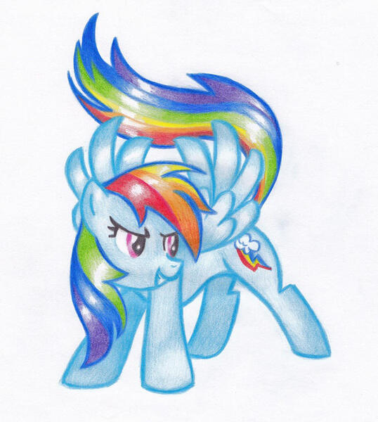 Size: 679x757 | Tagged: safe, artist:miyukikyki, derpibooru import, rainbow dash, pegasus, pony, colored pencil drawing, image, jpeg, simple background, solo, spread wings, traditional art, white background, wings