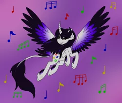 Size: 1202x1016 | Tagged: safe, artist:midnightfire1222, derpibooru import, oc, oc:harmony note, alicorn, pony, flying, image, music notes, png, simple background, solo