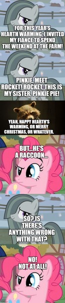 Size: 500x2311 | Tagged: safe, derpibooru import, edit, edited screencap, editor:lord you know who, screencap, marble pie, pinkie pie, christmas, comic, crossover, crossover shipping, guardians of the galaxy, hearth's warming, holiday, image, interspecies love, jpeg, marvel cinematic universe, rocket raccoon, screencap comic, shipping