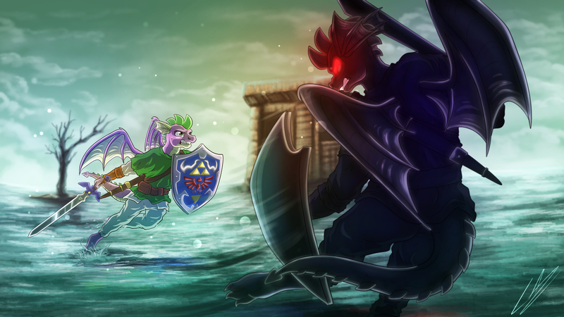 Size: 3840x2160 | Tagged: safe, artist:lupiarts, derpibooru import, spike, anthro, dragon, clothes, commission, cosplay, costume, crossover, dark link, dead tree, glowing eyes, high res, hylian shield, image, jpeg, link, male, master sword, red eyes, the legend of zelda, the legend of zelda: ocarina of time, tree, uniform, video game crossover, water, water temple