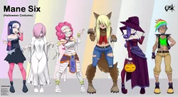 Size: 4168x2272 | Tagged: safe, alternate version, artist:oldskullkid, derpibooru import, applejack, fluttershy, pinkie pie, rainbow dash, rarity, twilight sparkle, ghost, human, undead, vampire, werewolf, alternate hairstyle, belly button, boots, breasts, candy, choker, cleavage, clothes, corset, costume, dress, egyptian, female, food, frankenstein's monster, hair over one eye, halloween, halloween costume, hand on hip, hat, holiday, humanized, image, jpeg, legs, lollipop, midriff, mouth hold, mummy, open mouth, pumpkin, sadako, samara morgan, shoes, short hair, the ring, witch, witch hat