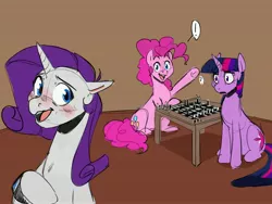 Size: 4000x3000 | Tagged: safe, artist:maxiima, derpibooru import, pinkie pie, rarity, twilight sparkle, pony, unicorn, blushing, chess, exclamation point, image, jpeg, looking at each other, question mark