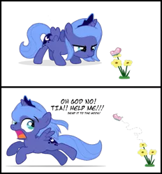 Size: 675x726 | Tagged: safe, artist:flausch-katzerl, derpibooru import, edit, princess luna, alicorn, butterfly, insect, pony, adorable distress, artifact, cute, female, filly, foal, image, png, running, simple background, transparent background, woona, younger
