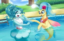 Size: 3500x2250 | Tagged: safe, artist:pyropk, derpibooru import, princess skystar, anthro, seapony (g4), my little pony: the movie, bna: brand new animal, crossover, female, flower, flower in hair, image, jewelry, looking at each other, necklace, nina flip, open mouth, pearl necklace, png, smiling, splashing, swimming pool, water