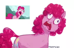 Size: 1024x663 | Tagged: safe, artist:pigeorgien, derpibooru import, screencap, pinkie pie, earth pony, pony, too many pinkie pies, derp, female, gasp, image, mare, pinkie being pinkie, pinkie frogmouth, pinkie pie is best facemaker, png, ponk, redraw, scene interpretation, screencap reference, solo