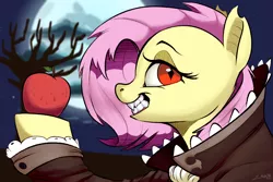 Size: 1800x1200 | Tagged: safe, artist:silverhopexiii, derpibooru import, fluttershy, bat pony, pony, vampire, apple, bat ponified, clothes, coat, costume, dracula, flutterbat, food, grin, halloween, halloween costume, holiday, image, nightmare night, png, race swap, smiling, solo