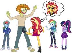 Size: 3327x2446 | Tagged: safe, artist:urhangrzerg, derpibooru import, adagio dazzle, rainbow dash, sci-twi, sunset shimmer, twilight sparkle, equestria girls, allegro amoroso, black sclera, clothes, converse, equestria guys, groin attack, image, implied sunset satan, kick, kicked in the crotch, male, png, rainbow blitz, rule 63, shoes, simple background, thought bubble, transparent background