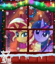 Size: 2500x2906 | Tagged: safe, artist:theretroart88, derpibooru import, sunset shimmer, twilight sparkle, twilight sparkle (alicorn), alicorn, pony, unicorn, candle, candy, candy cane, christmas, christmas lights, clothes, female, folded wings, food, holiday, image, lightbulb, mare, png, scarf, signature, smiling, snow, snowfall, snowflake, window, wings, wreath