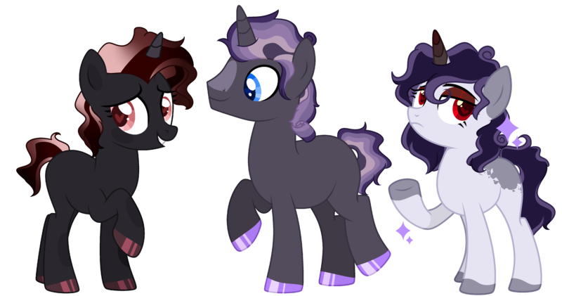 Size: 4768x2512 | Tagged: safe, artist:fcrestnymph, derpibooru import, oc, unofficial characters only, pony, unicorn, female, image, male, mare, offspring, parent:king sombra, parent:rarity, parents:sombrarity, png, simple background, stallion, transparent background