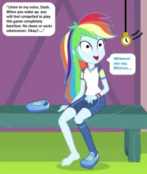 Size: 437x517 | Tagged: safe, derpibooru import, edit, edited screencap, editor:thomasfan45, screencap, rainbow dash, human, equestria girls, equestria girls series, sock it to me, spoiler:eqg series (season 2), 1000 hours in ms paint, barefoot, bench, canterlot high, clothes, description is relevant, feet, female, grass, hypnosis, hypnotized, image, jpeg, legs, mistress, offscreen character, offscreen human, pendulum swing, pocket watch, shirt, shorts, sitting, smiling, soccer field, soccer shoes, sock it to me: trixie, solo, speech bubble, story included, t-shirt, wristband