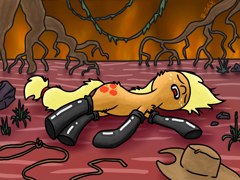 Size: 4000x3000 | Tagged: safe, artist:a-jaller, derpibooru import, applejack, earth pony, pony, applejack's hat, boots, clothes, cowboy hat, eyes closed, hat, high res, image, lasso, lying down, open mouth, png, rope, shoes, solo, swamp