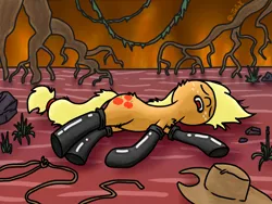 Size: 4000x3000 | Tagged: safe, artist:a-jaller, derpibooru import, applejack, earth pony, pony, applejack's hat, boots, clothes, cowboy hat, eyes closed, hat, high res, image, lasso, lying down, open mouth, png, rope, shoes, solo, swamp