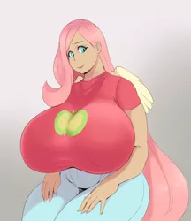 Size: 620x718 | Tagged: suggestive, artist:sundown, derpibooru import, fluttershy, human, big breasts, breasts, busty fluttershy, clothes, cutie mark, cutie mark on clothes, female, gradient background, huge breasts, humanized, image, implied big macintosh, implied fluttermac, implied shipping, implied straight, impossibly large breasts, jeans, pants, png, solo, solo female, thick, winged humanization, wings