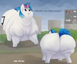 Size: 3000x2500 | Tagged: suggestive, artist:lupin quill, derpibooru import, vinyl scratch, pony, unicorn, series:vinyl scratch weight gain drive, belly, bent over, big belly, bingo wings, butt, chubby cheeks, dialogue, double chin, fat, fat fetish, female, fetish, flabby chest, image, incentive drive, large butt, looking at you, mare, morbidly obese, neck roll, obese, open mouth, outdoors, plot, png, rolls of fat, skyscraper, solo, sunglasses, talking to viewer, the ass was fat, vinyl ass, vinyl fat, weight gain sequence