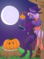 Size: 931x1224 | Tagged: safe, artist:funfact216, derpibooru import, oc, oc:ardent dusk, unofficial characters only, anthro, pegasus, anthro oc, broom, clothes, commission, fire, halloween, hat, holiday, image, leotard, moon, png, pumpkin, solo, thigh socks, tree stump, wings, witch, witch costume, witch hat, zettai ryouiki