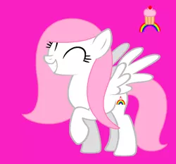 Size: 1054x981 | Tagged: safe, artist:diamondbellefan25, derpibooru import, oc, oc:cupcake rainbow, pegasus, pony, cupcake, eyes closed, female, food, grin, image, mare, pegasus oc, pink background, png, rainbow, raised hoof, raised leg, simple background, smiling, wings